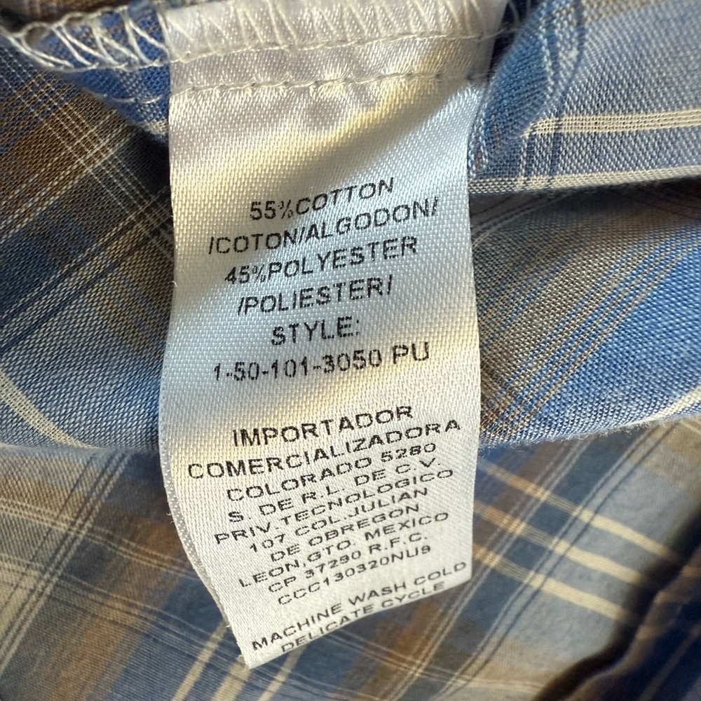 Roper XS Long Sleeve Button Down Western Shirt Blue White and Tan Plaid, Snaps - Picture 8 of 8